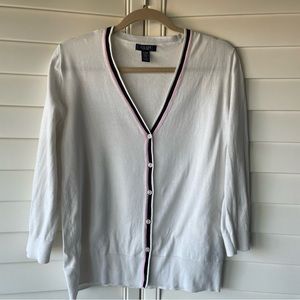 Chaps 3/4 length sleeve cotton cardigan with black/ pink striped trim